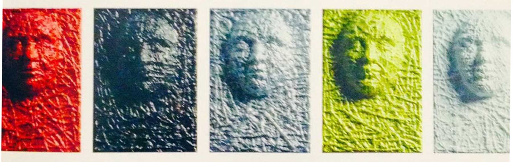 Faces, painting by Nicola Guerraz, acrylic on resin and canvas, pentaptych, 30 x 60 cm each, 1994