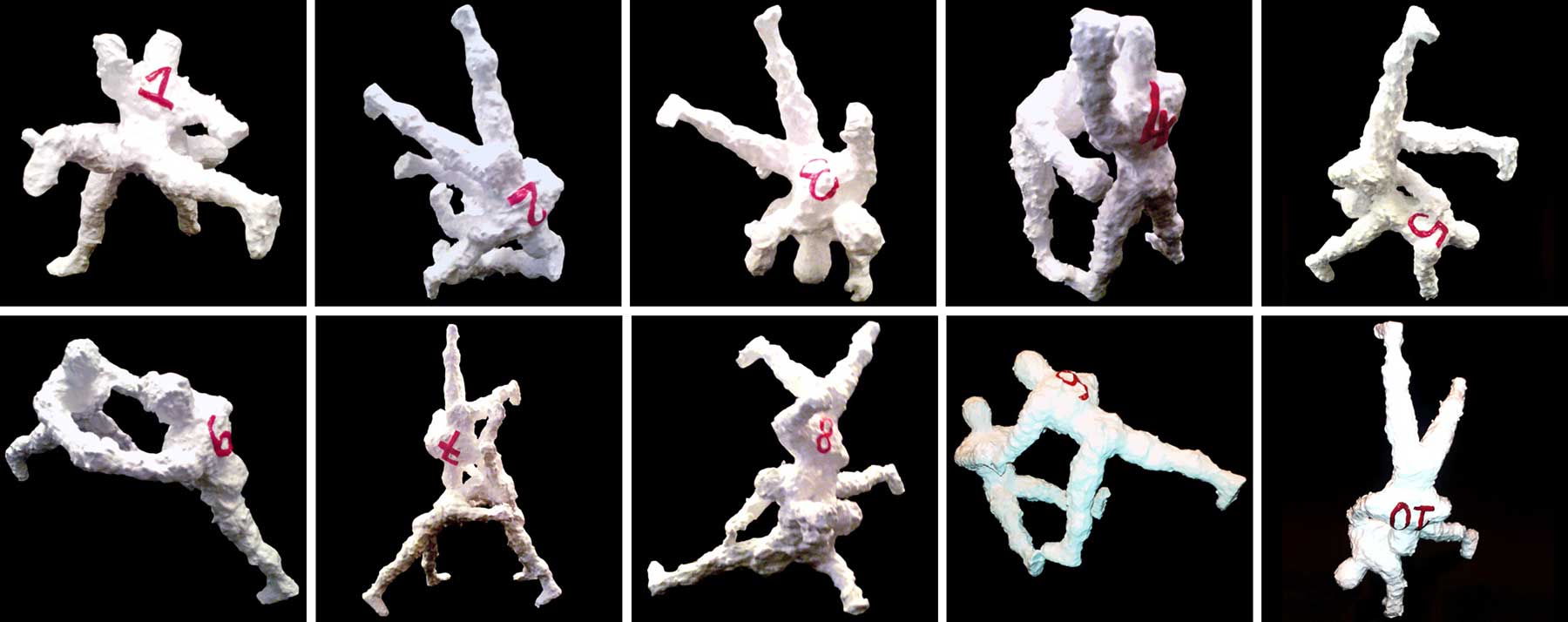 Acrobatic numbers, sculpture by Nicola Guerraz, acrylic on resin, polyptych, 40 cm each, 1995