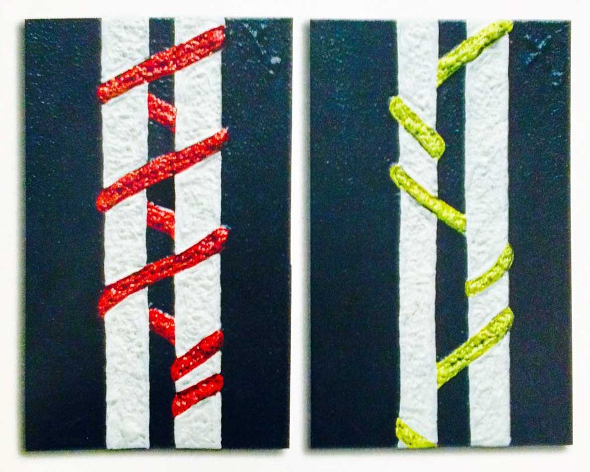 Cords, painting by Nicola Guerraz, acrylic on canvas, diptych, 30 x 60 cm each, 1995