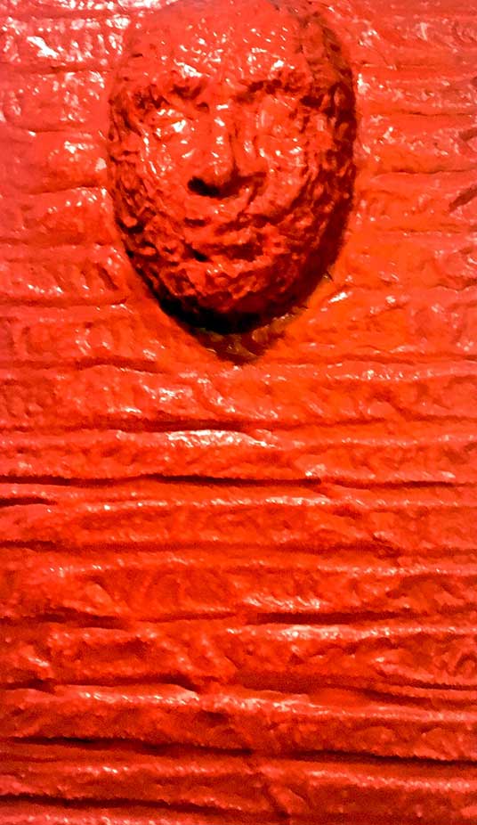 Face in red, painting by Nicola Guerraz, acrylic and resin on canvas, 30 x 60cm, 1996