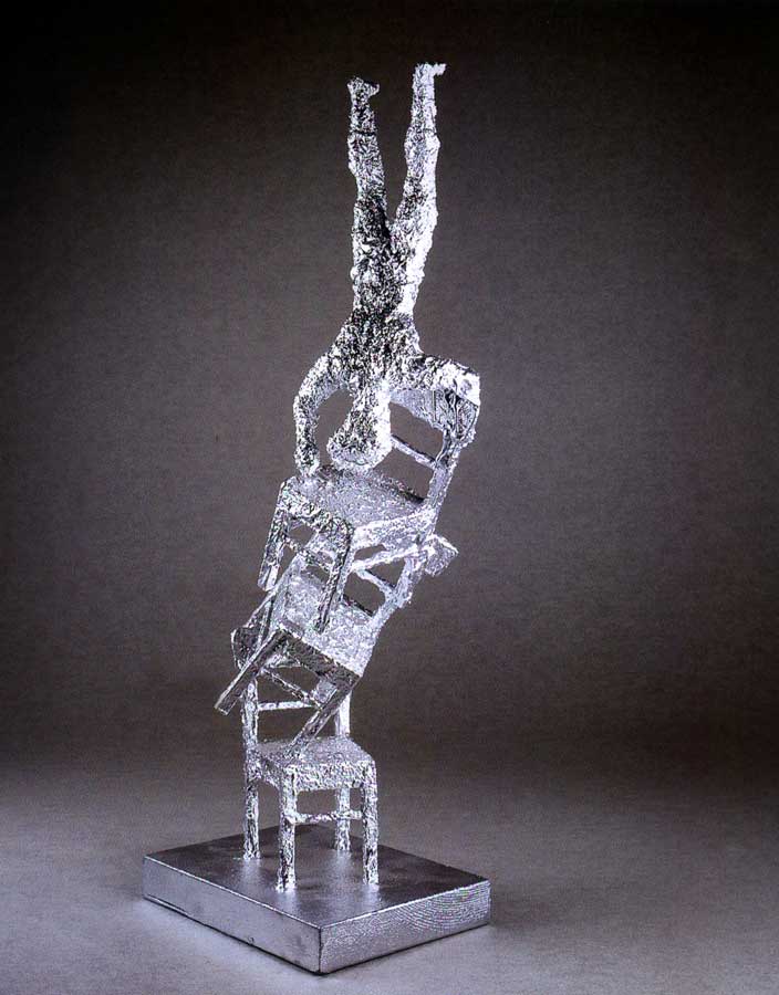 Acrobata 7, sculpture by Nicola Guerraz, acrylic on resin and wood, h 67 cm, 1999