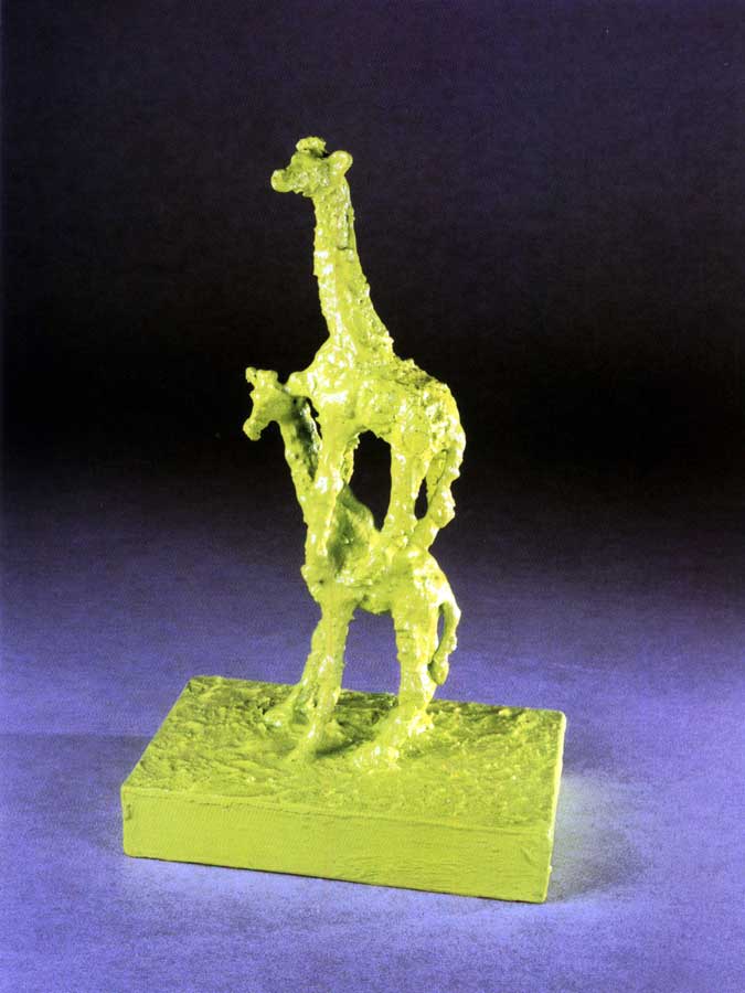 Acrobati 8, sculpture by Nicola Guerraz, acrylic on resin and wood, h 33 cm, 1999