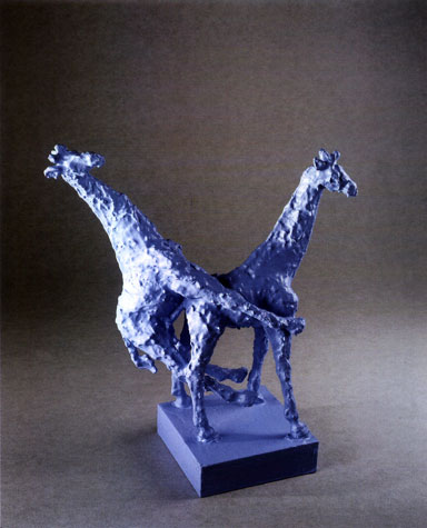 Acrobati 9, sculpture by Nicola Guerraz, acrylic on resin and wood, h 42 cm, 1999