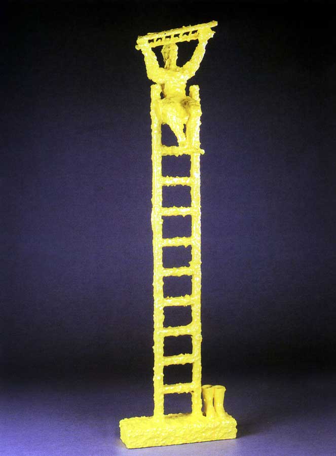 Acrobata 3, sculpture by Nicola Guerraz, acrylic on resin and wood, h 76 cm, 2000