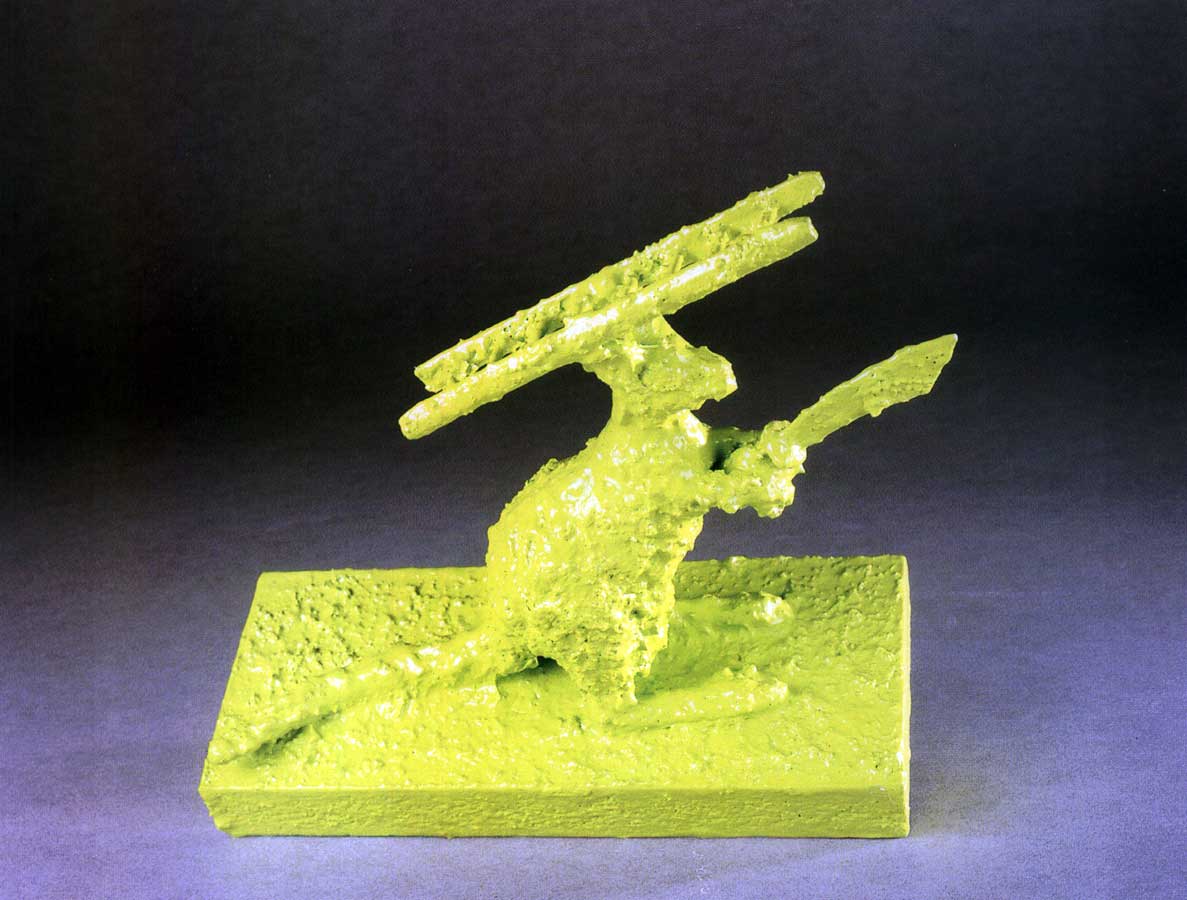 Acrobata 4, sculpture by Nicola Guerraz, acrylic on resin and wood, h 24 cm, 2000