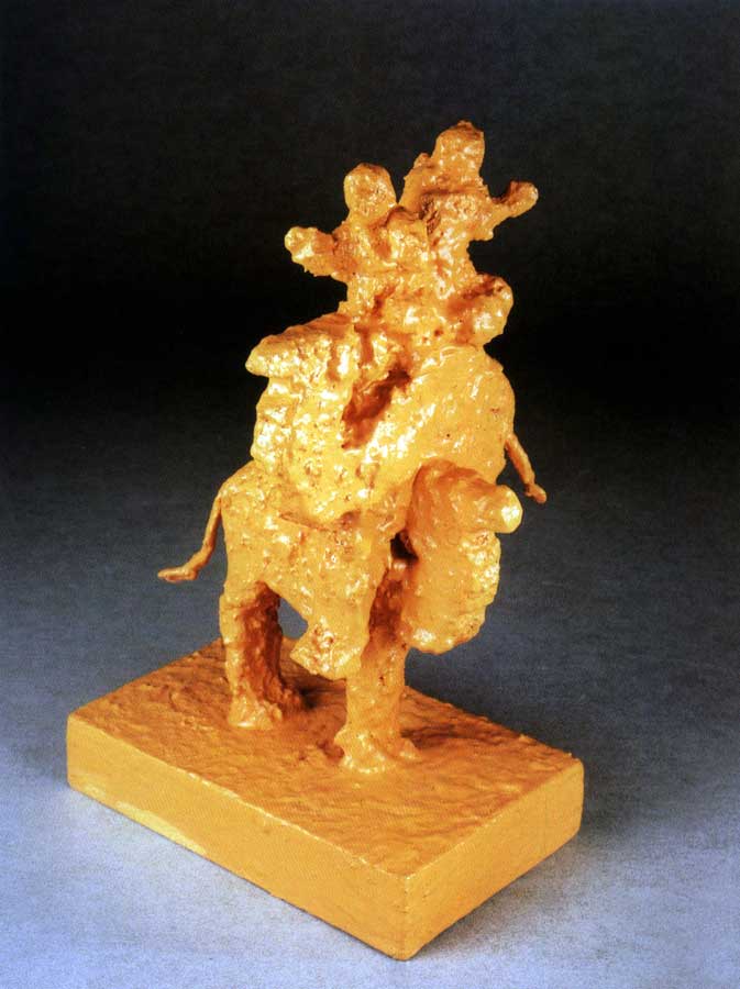 Acrobati 4, sculpture by Nicola Guerraz, acrylic on resin and wood, h 33 cm, 2000