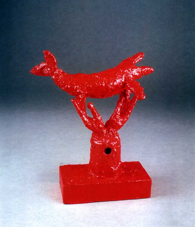 Solletico, sculpture by Nicola Guerraz, acrylic on resin, wood and iron, h 28 cm, 2000