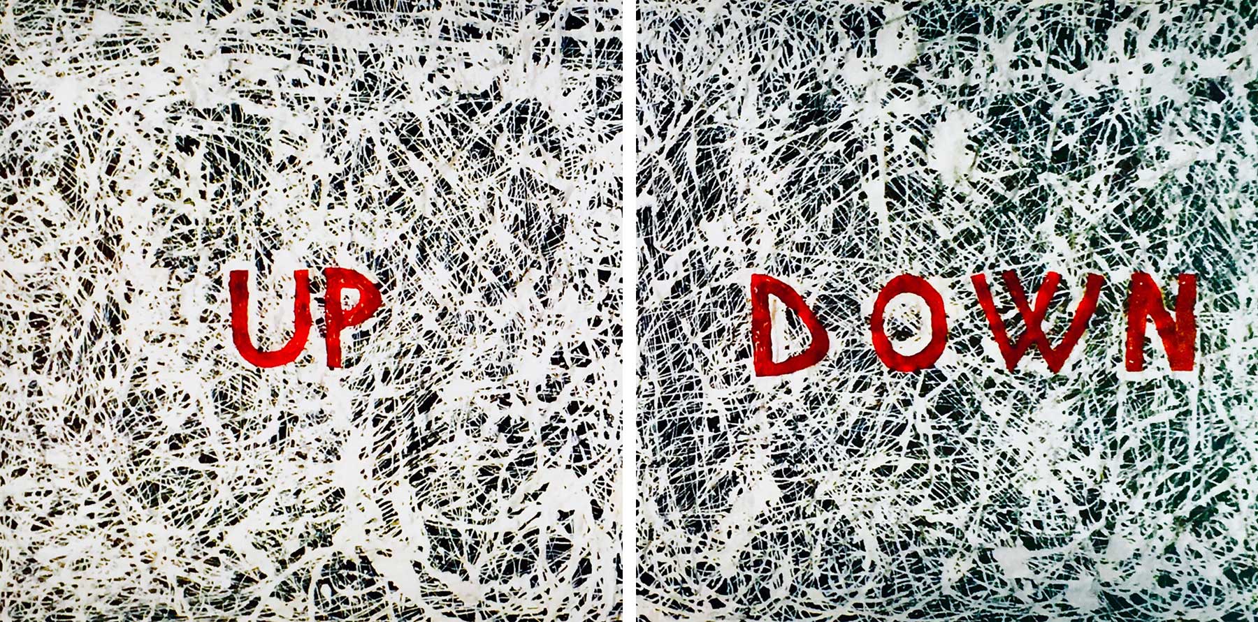 Up down, painting by Nicola Guerraz, acrylic and resin on canvas, diptych, 100 x 100 cm each, 2002