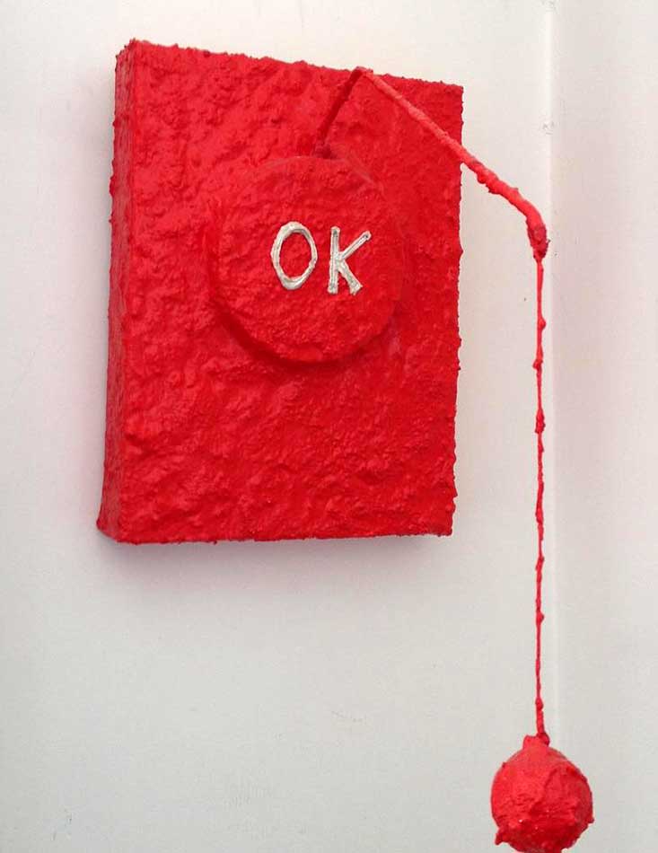OK sospeso, painting by Nicola Guerraz, acrylic on metal, resin and canvas, 25 x 35 cm, 2004