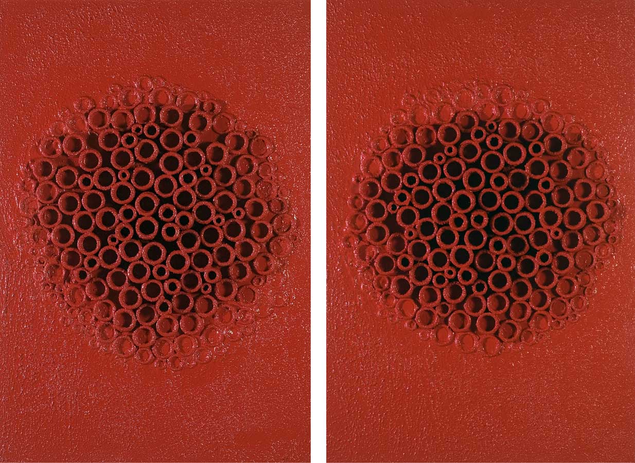 Cells in love, painting by Nicola Guerraz, acrylic and wood on canvas, 150 x 200 cm, 2008