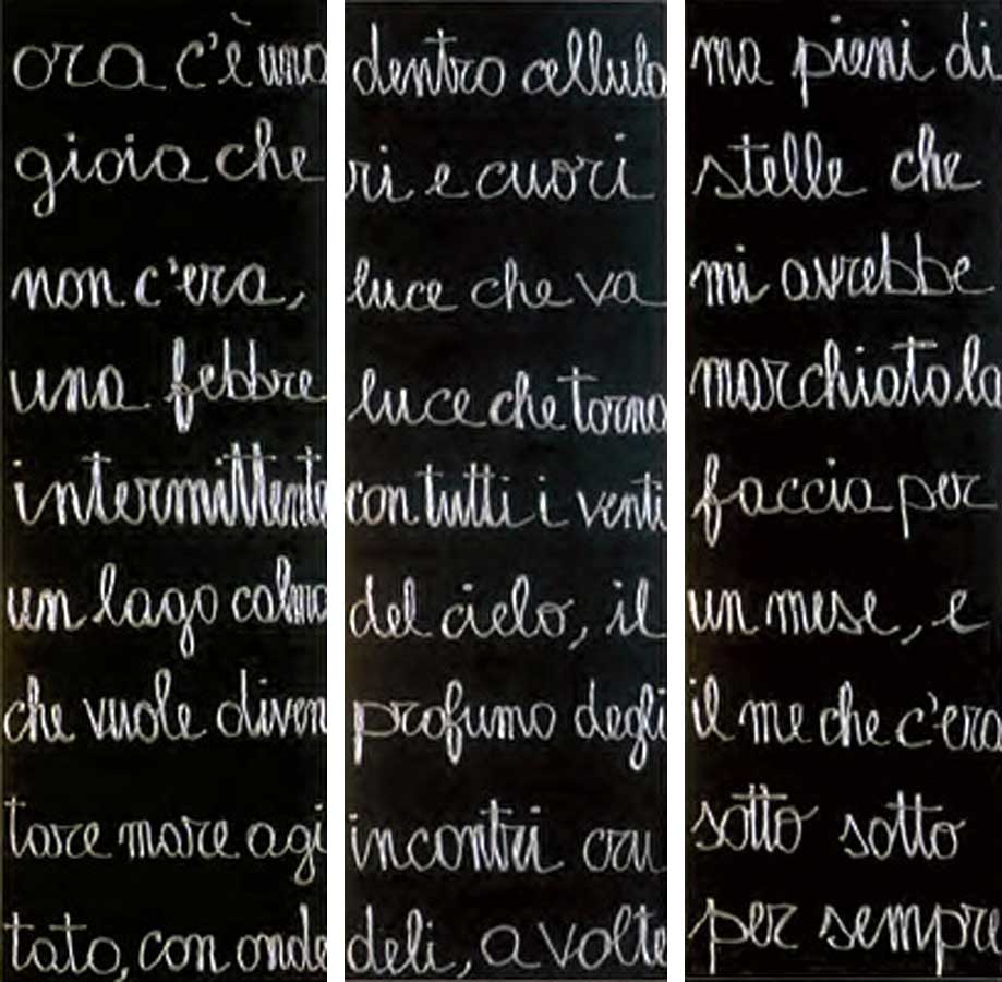 Poesia in nero 34, painting by Nicola Guerraz, acrylic on canvas, triptych, 30 x 270 cm each, 2008,