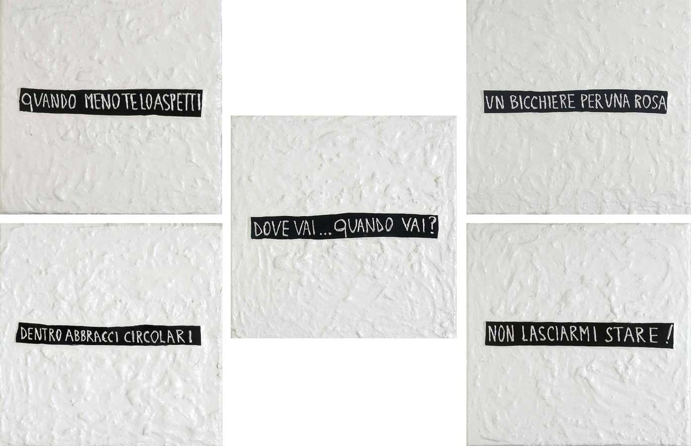 Poesie bianche in 5, painting by Nicola Guerraz, acrylic and vulcanized rubber on canvas, 160 x 160 cm, 2008, total