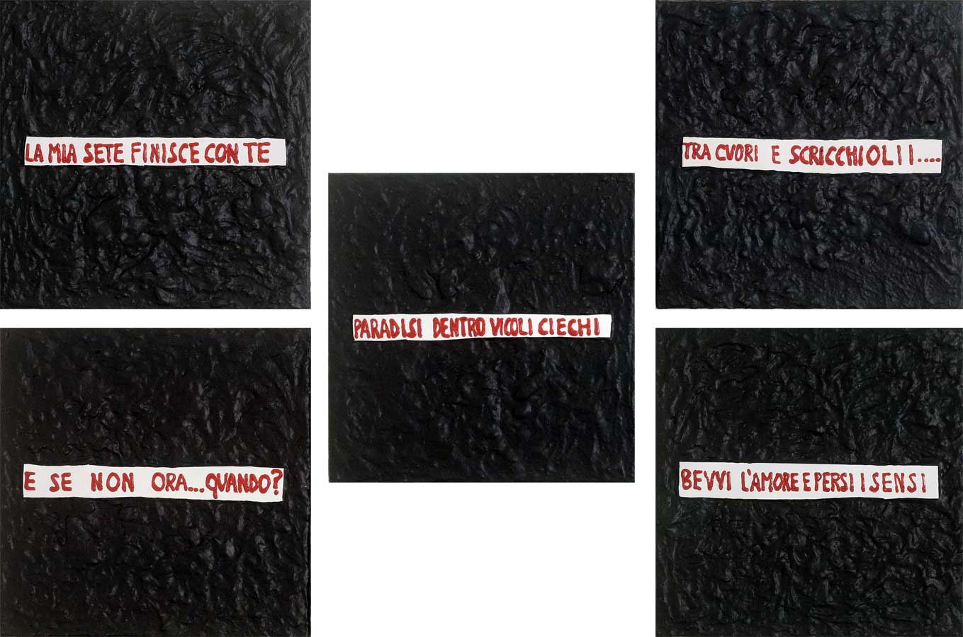 Poesie nere in 5, painting by Nicola Guerraz, acrylic and vulcanized rubber on canvas, 160 x 160 cm, 2008, total