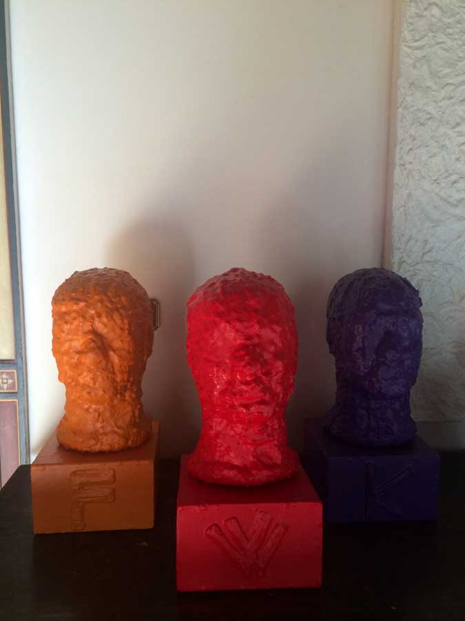 Heads, sculpture by Nicola Guerraz, acrylic on resin and iron, h 50 cm each, 2011, photo 04