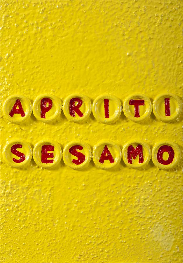 Apriti sesamo, painting by Nicola Guerraz, acrylic and wood on canvas, 50 x 35 cm, 2013