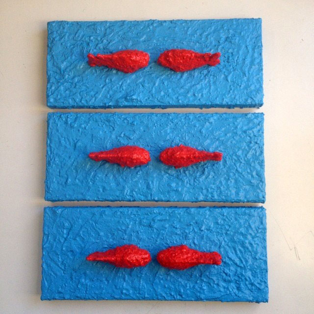 Fishes 66, painting, by Nicola Guerraz, mixed media on canvas, triptych, 60 x 30 cm each, 2013