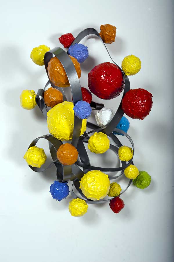 Happy atom 4, sculpture by Nicola Guerraz, acrylic, resin and magnet on iron, h 45 cm, 2013