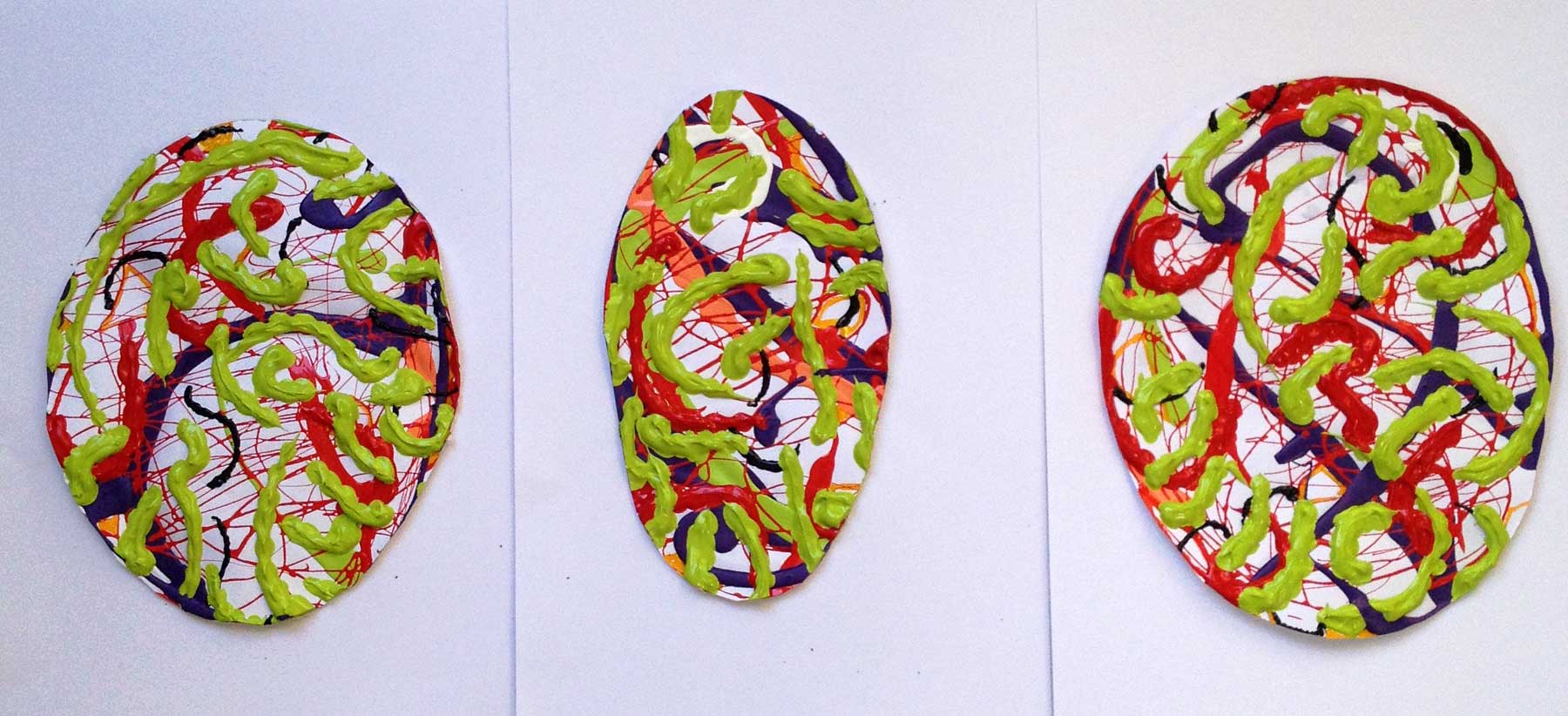 Eggs 3, triptych, painting by Nicola Guerraz, acrylic on paper, 21 x 30 cm each, 2014