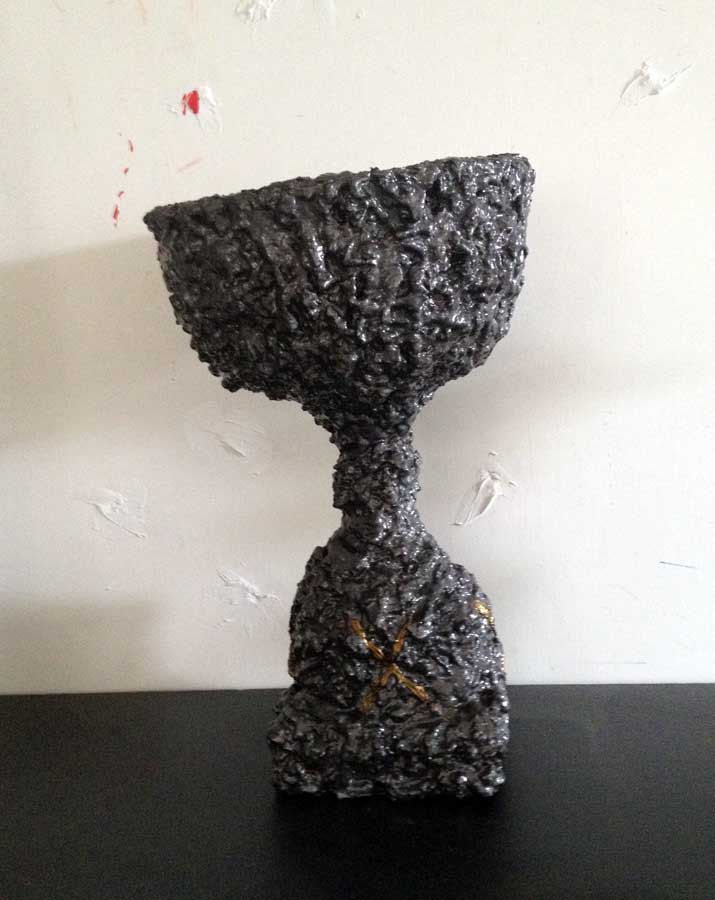 Impossible cup 4, sculpture by Nicola Guerraz, resin on steel, h 40 cm, 2014