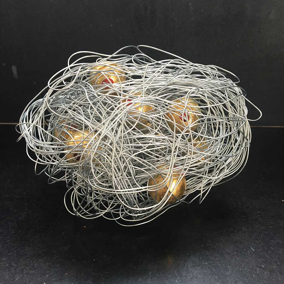 Nest 2, sculpture by Nicola Guerraz, acrylic on metal with metal ball, h 40 cm, 2014