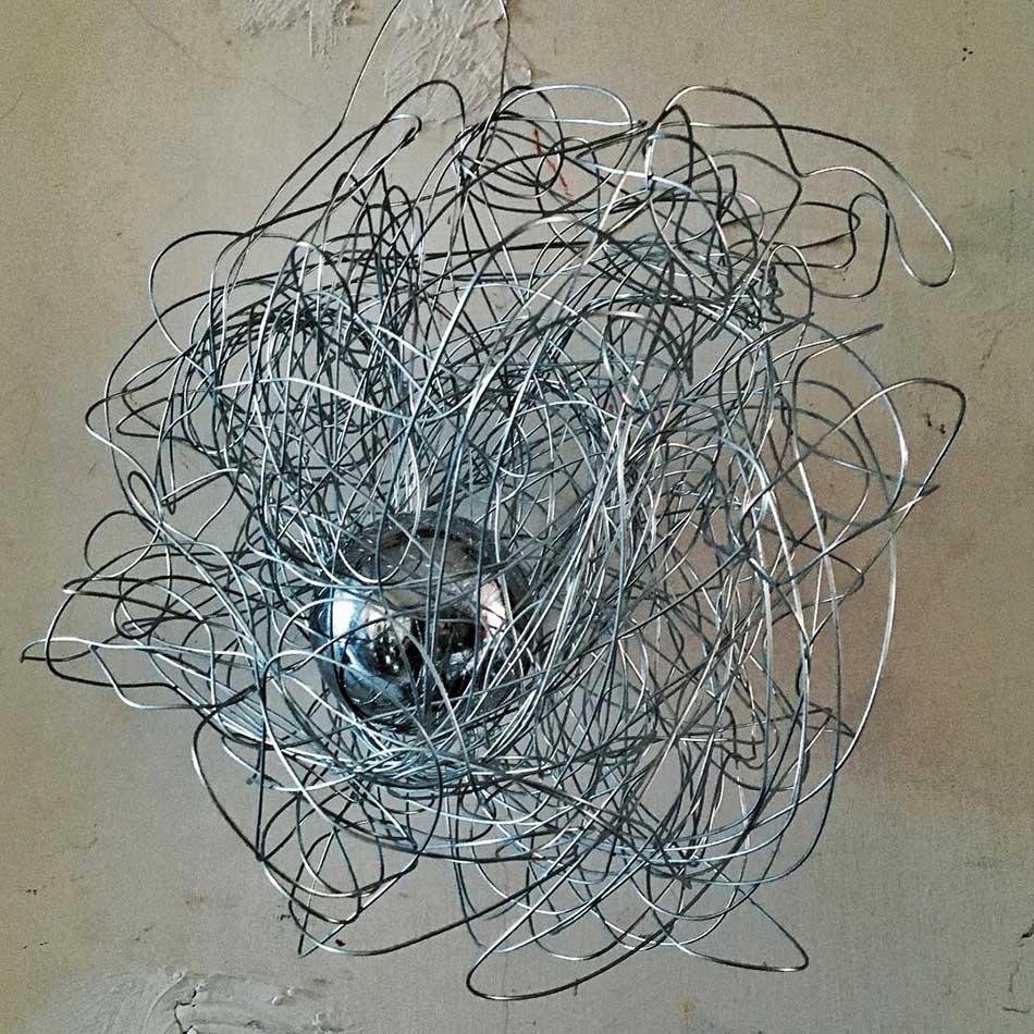 Nest 5, sculpture by Nicola Guerraz, acrylic on metal with metal ball, h 50 cm, 2014