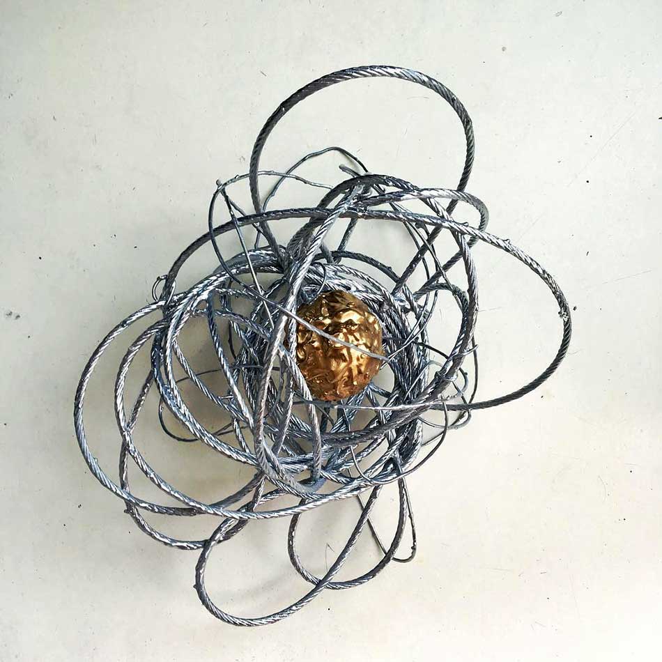 Nest 7, sculpture by Nicola Guerraz, acrylic on metal with metal ball, h 30 cm, 2014