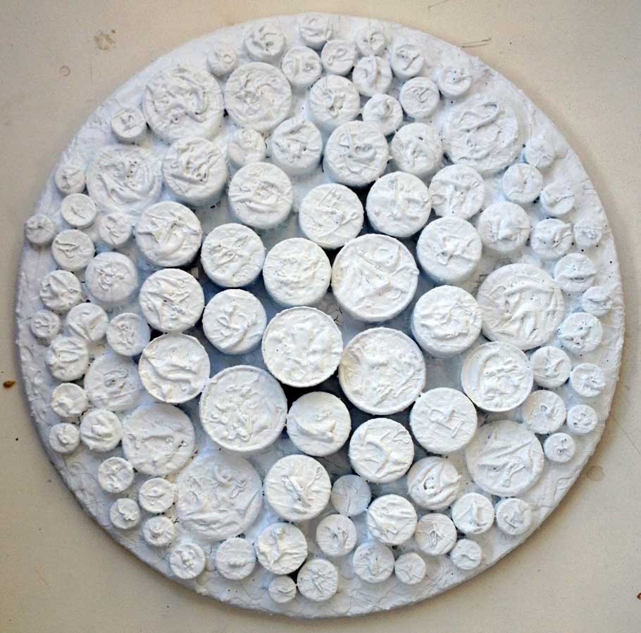 No words 14, painting by Nicola Guerraz, mixed media on iron, diameter 56 cm, 2015