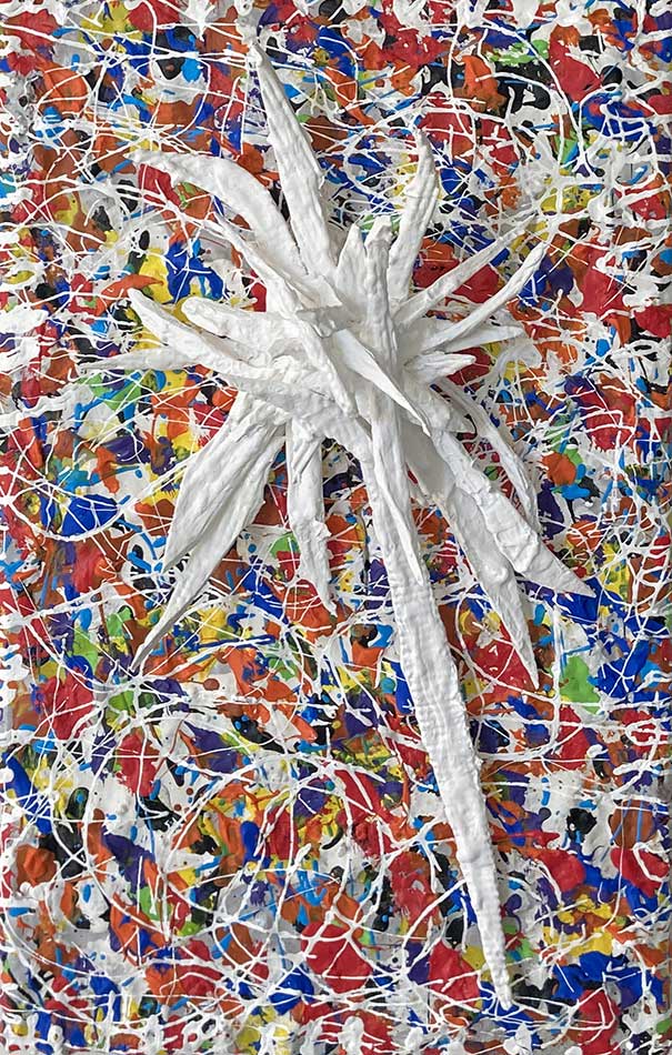 White flower K, painting by Nicola Guerraz, synthetic rubber and acrylic on canvas 25 x 40 cm 2021