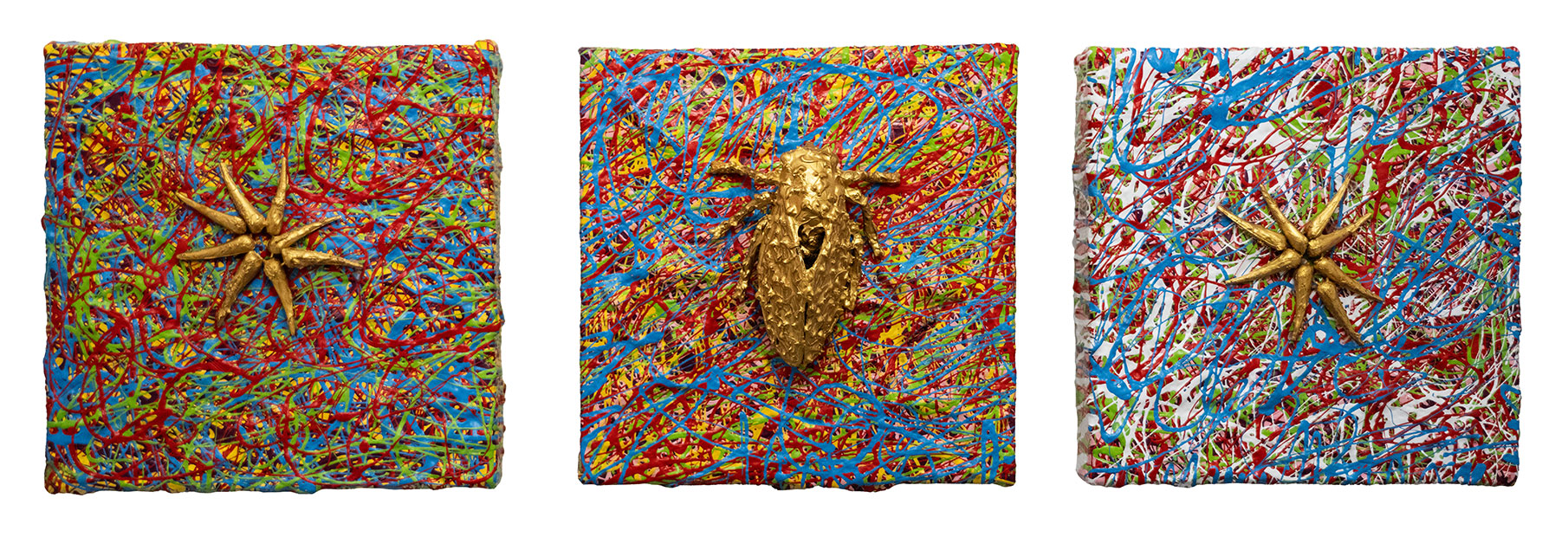 Apotropaic 01, painting by Nicola Guerraz, triptych, resin and acrylic on canvas, 20 x 20 cm each, 2026
