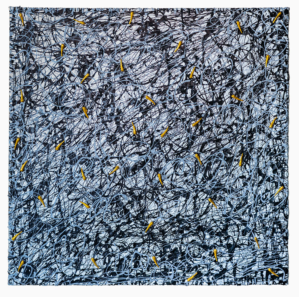 Golden Apotropaic 01, painting by Nicola Guerraz, resin and acrylic on canvas, 80 x 80 cm, 2026