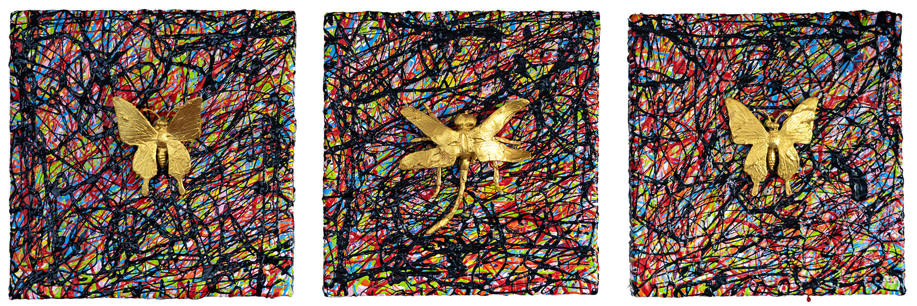 Golden Apotropaic 02, painting by Nicola Guerraz, triptych, resin and acrylic on canvas, 20 x 20 cm each, 2026