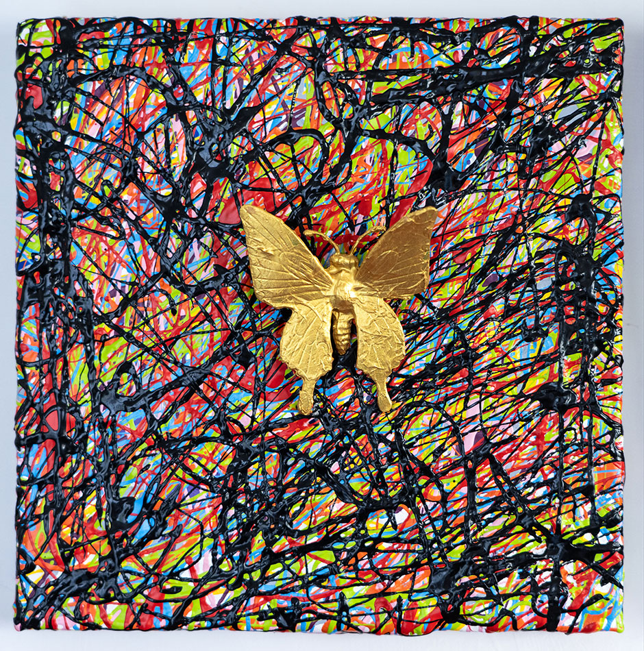 Golden Apotropaic 03, painting by Nicola Guerraz, resin and acrylic on canvas, 20 x 20 cm, 2026