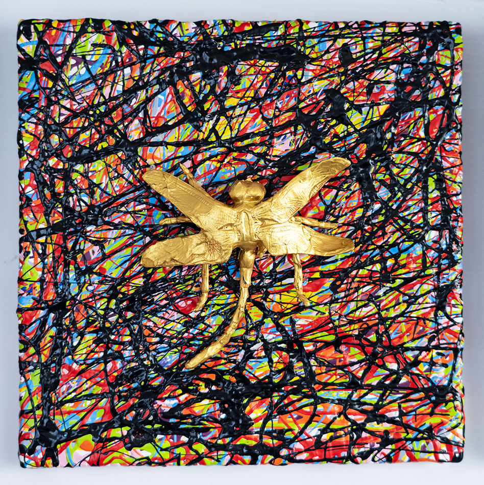 Golden Apotropaic 04, painting by Nicola Guerraz, resin and acrylic on canvas, 20 x 20 cm, 2026