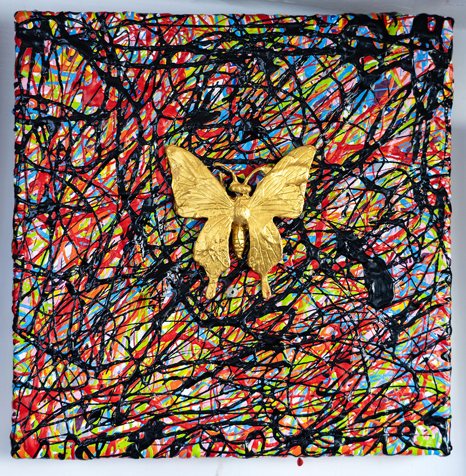 Golden Apotropaic 05, painting by Nicola Guerraz, resin and acrylic on canvas, 20 x 20 cm, 2026