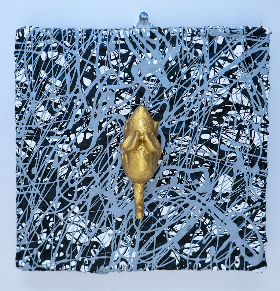 Golden Apotropaic 06, painting by Nicola Guerraz, resin and acrylic on canvas, 20 x 20 cm, 2026
