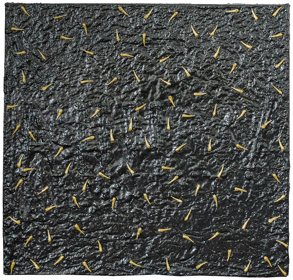 Golden Apotropaic 08, painting by Nicola Guerraz, resin and acrylic on canvas, 80 x 80 cm, 2026