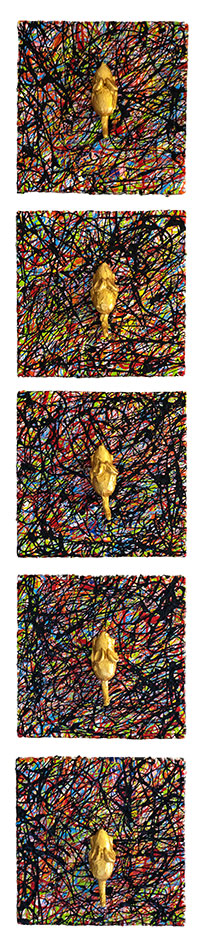 Golden Mouse 01, painting by Nicola Guerraz, pentaptych, resin and acrylic on canvas, 20 x 20 cm each, 2026