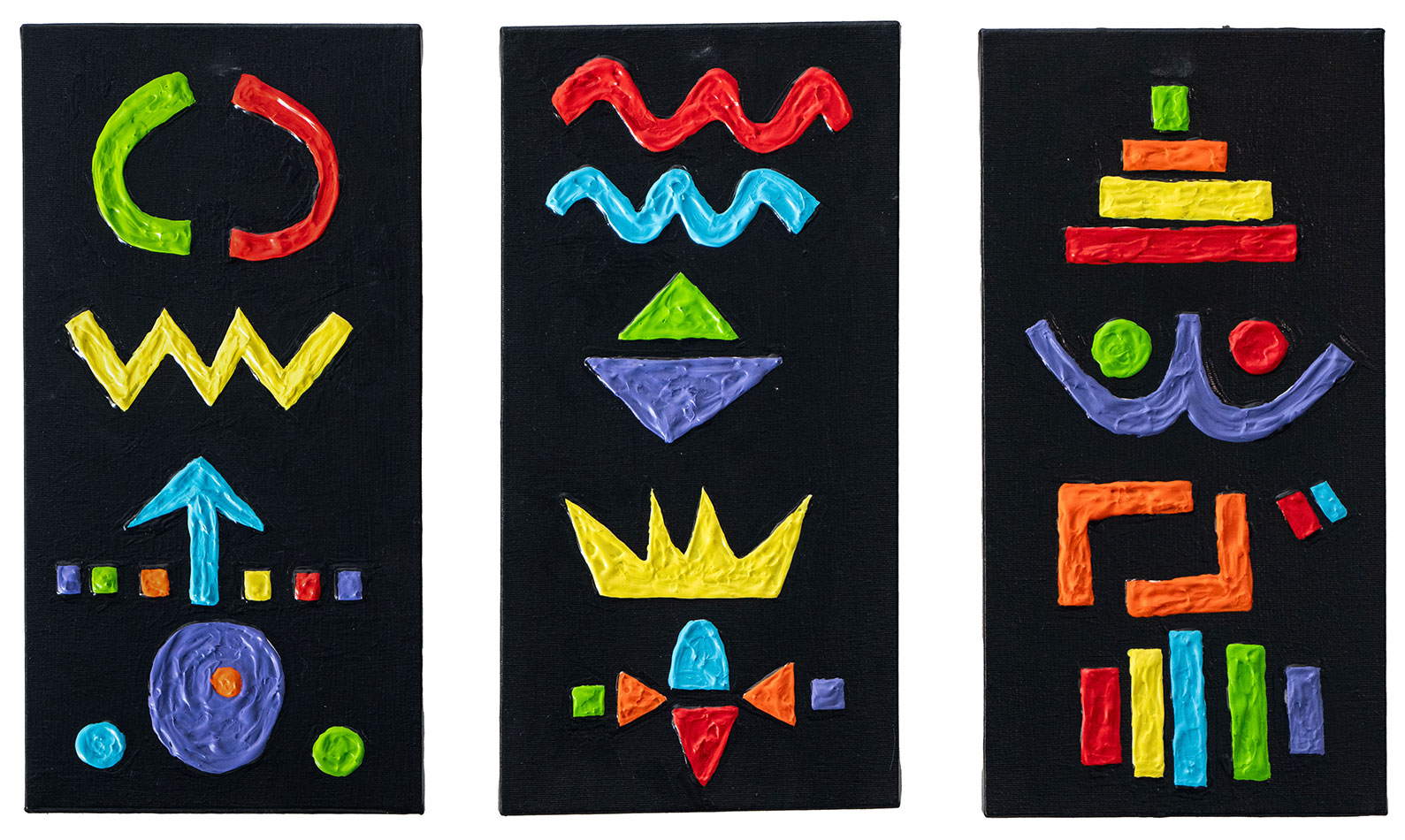 Hieroglyphs 01, painting by Nicola Guerraz, triptych, acrylic on canvas, 20 x 40 cm each, 2026